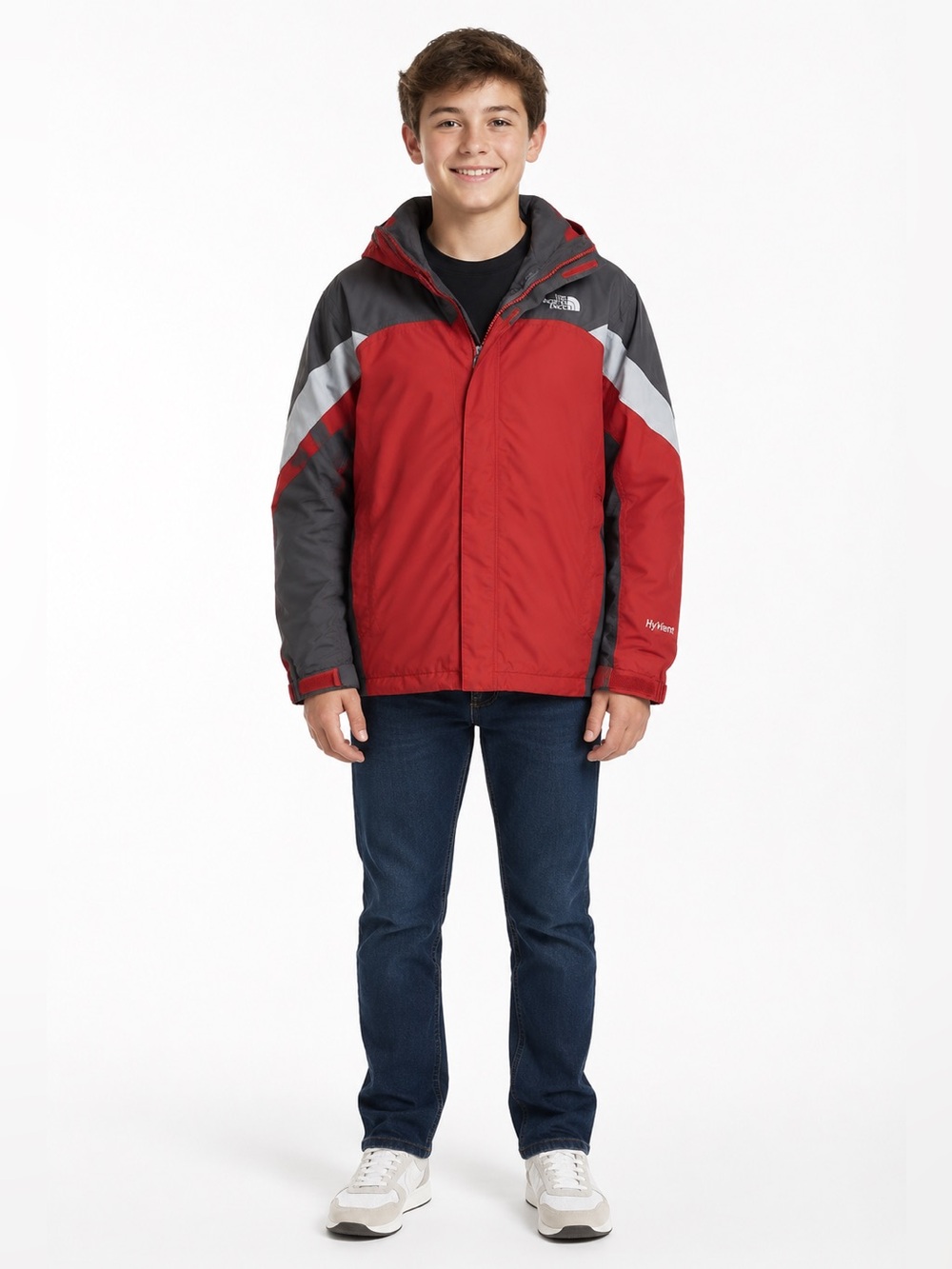 The North Face Boys XL HyVent Red Gray Hooded Waterproof Jacket